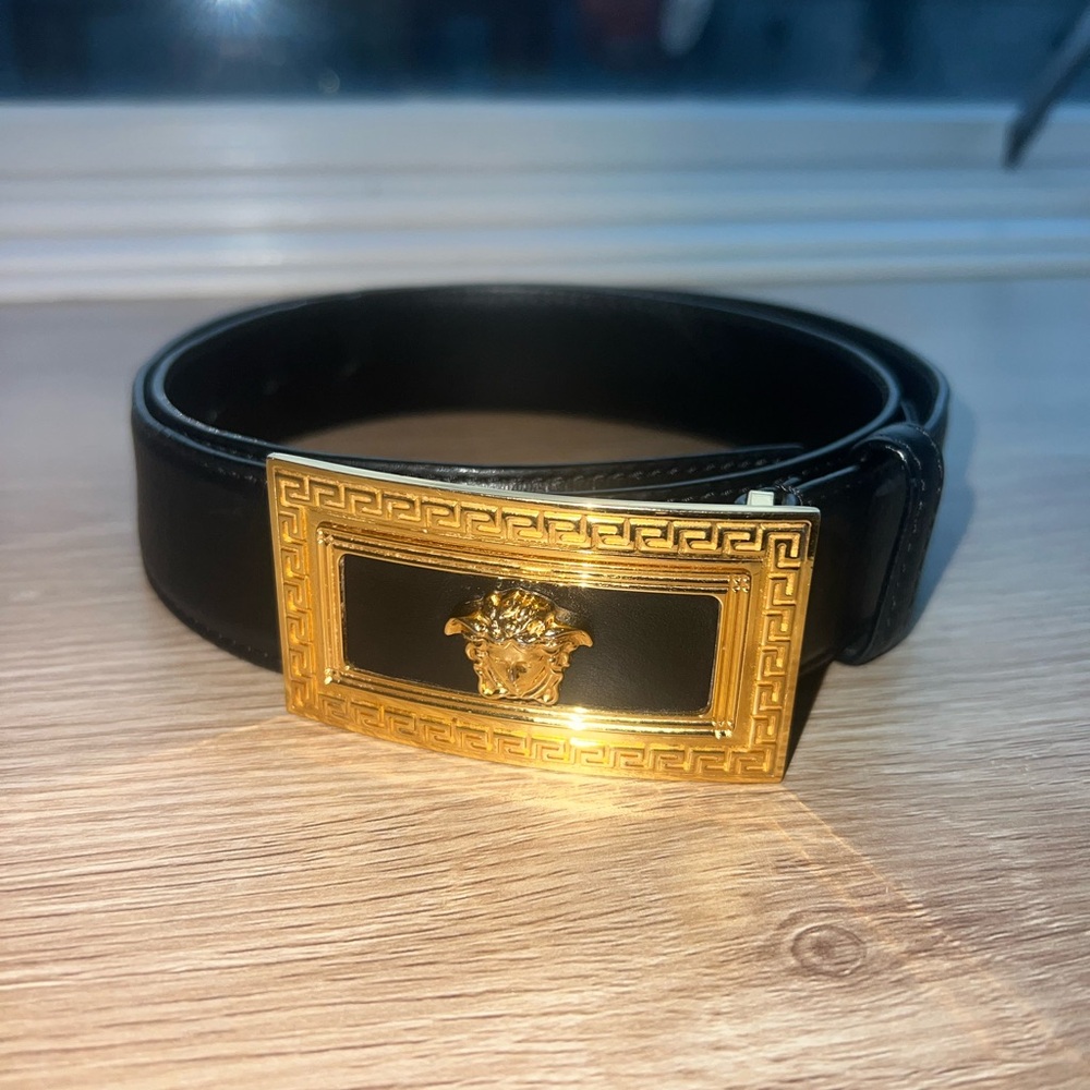 Versace Black Belt with Gold Medusa Emblem